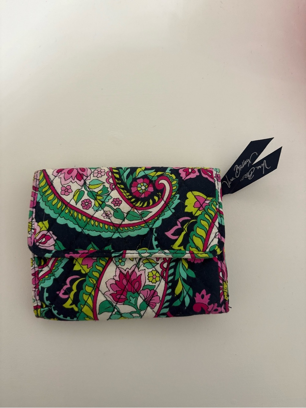 Vera Bradley Quilted Paisley Wallet in Navy with Pink & Green Accents